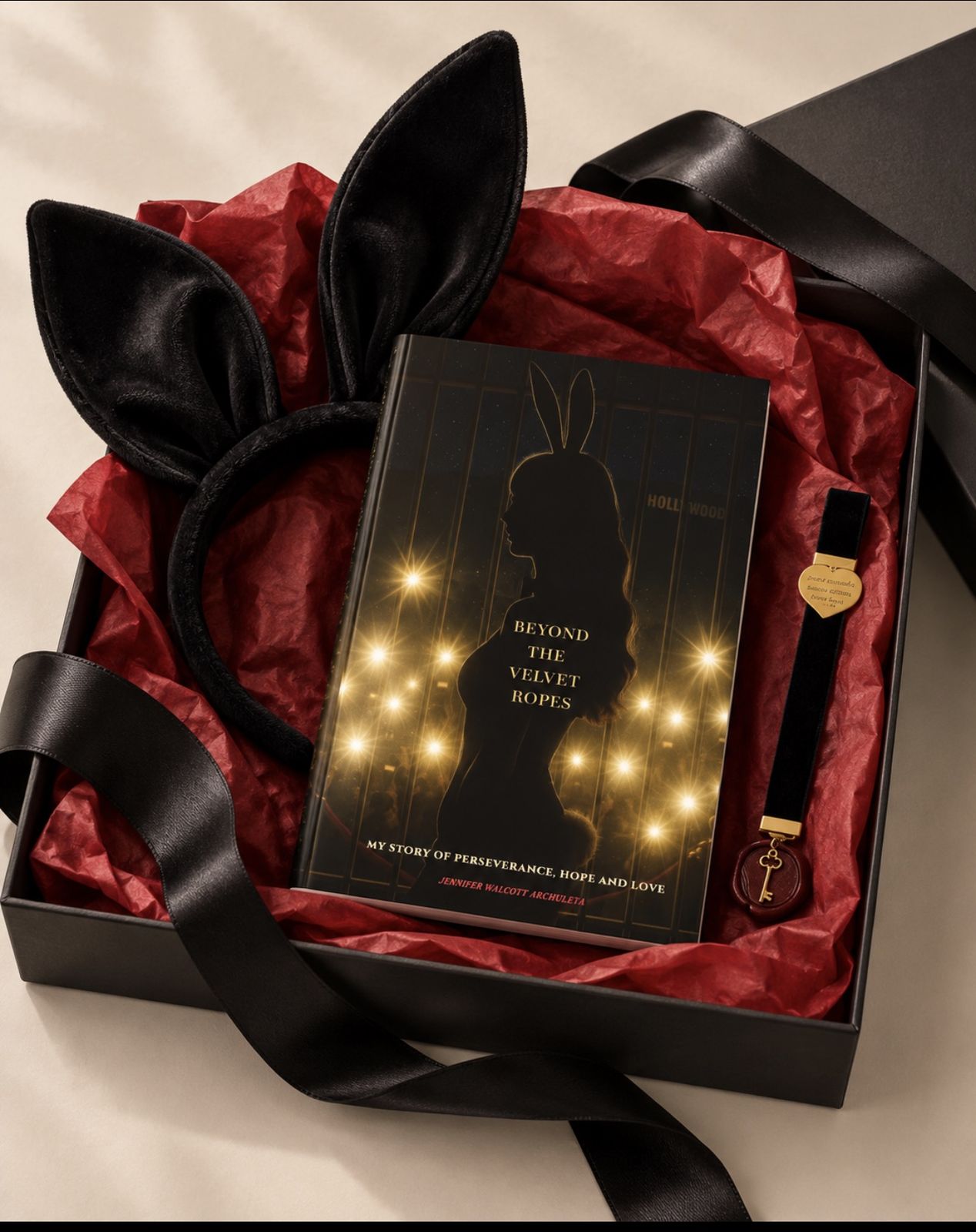 The signed book, a handmade velvet bookmark, and black velvet bunny ears